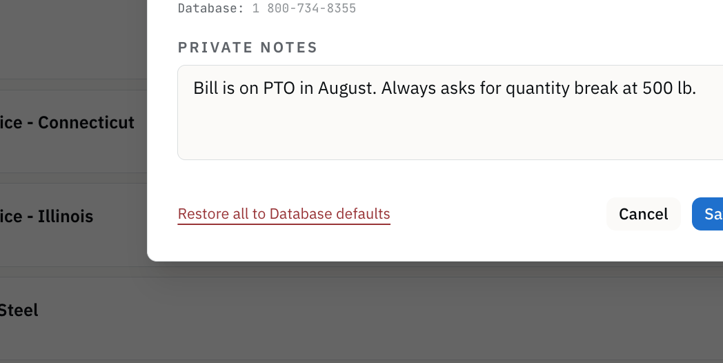 “Restore all to Database defaults” returns everything to the Database baseline in one click.
