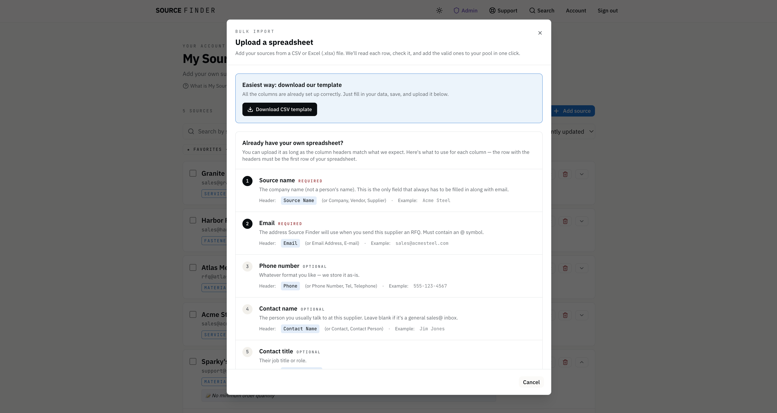 The Upload Spreadsheet modal — numbered column instructions and the click-anywhere drop zone.