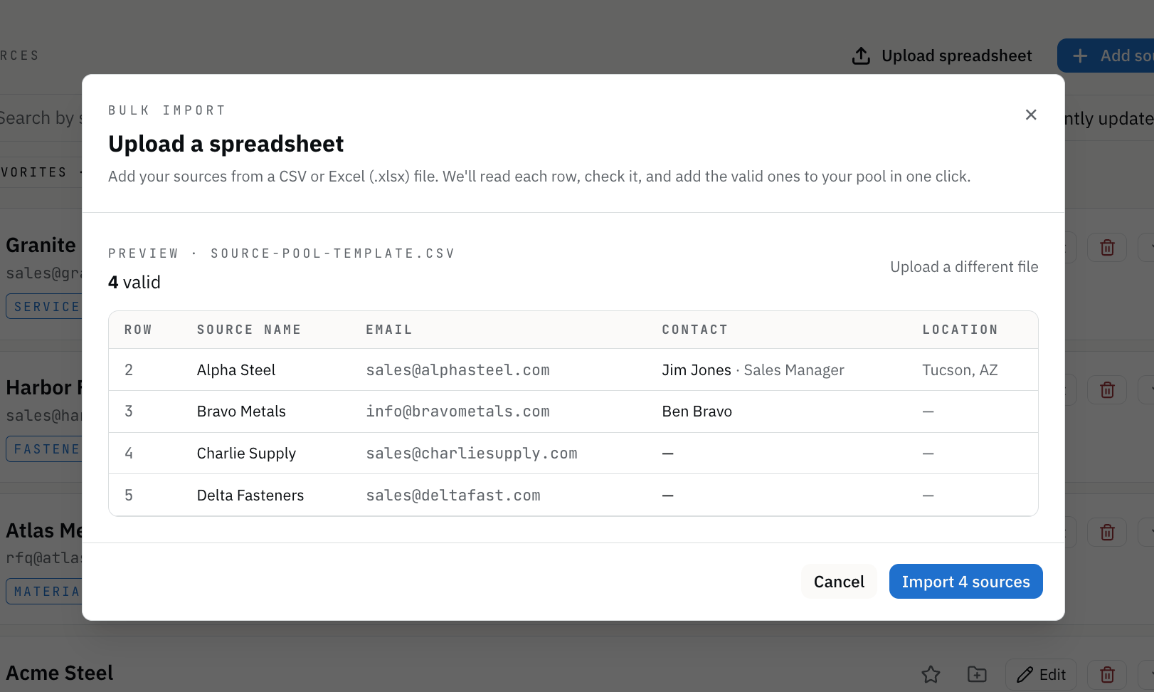 The parsed preview table — confirm column matches before anything is imported.